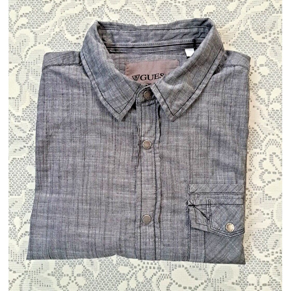 Guess Men's Button Down Long Sleeve Shirt Snap Front Sz. Lg. Dark Gray Pre-owned